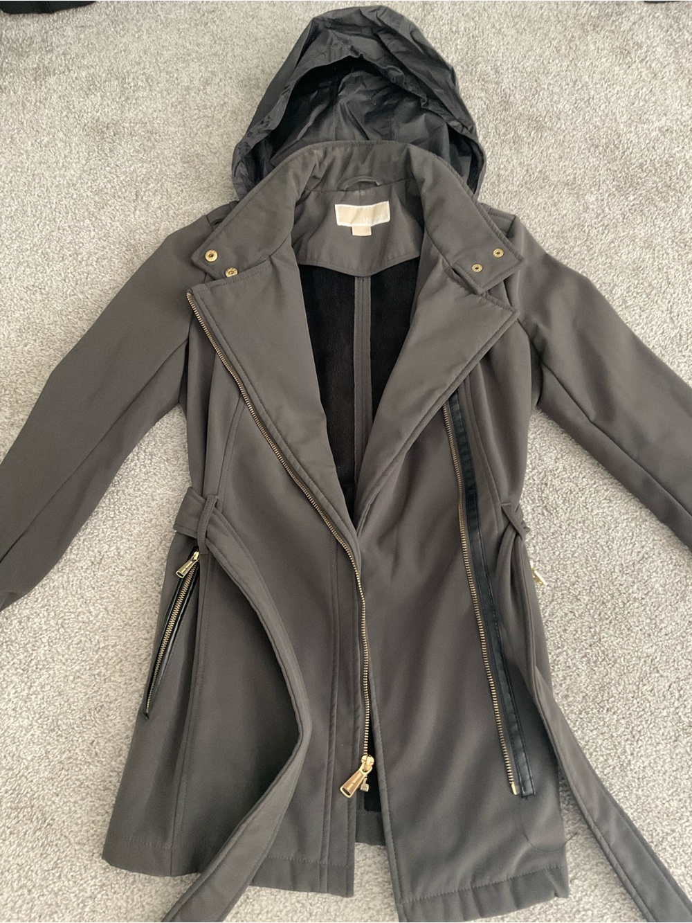 Michael Kors grey Hooded Belted Trench Coat with Gold Hardware